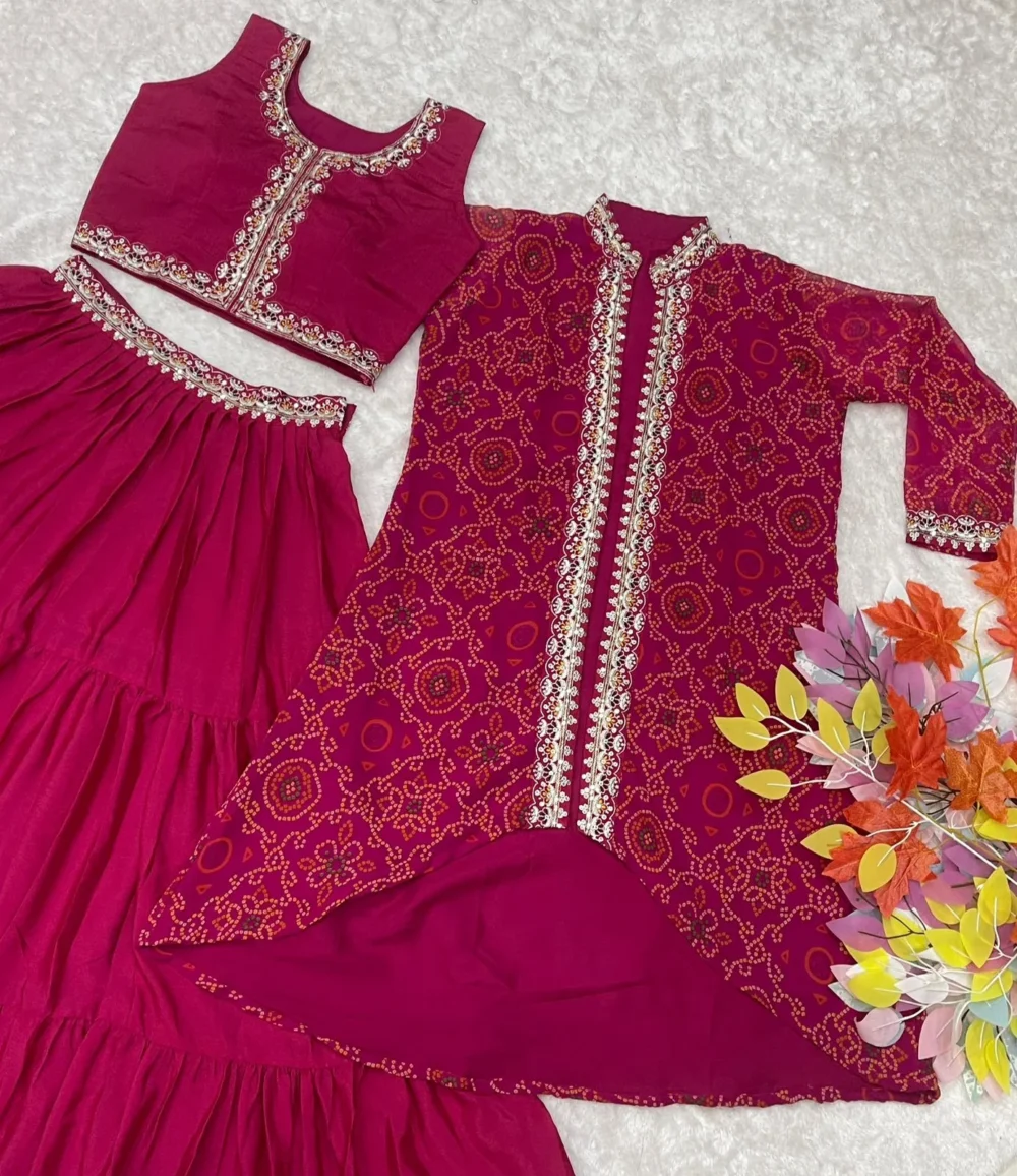 Pink Color Bandhej Lehenga Choli with Shrug