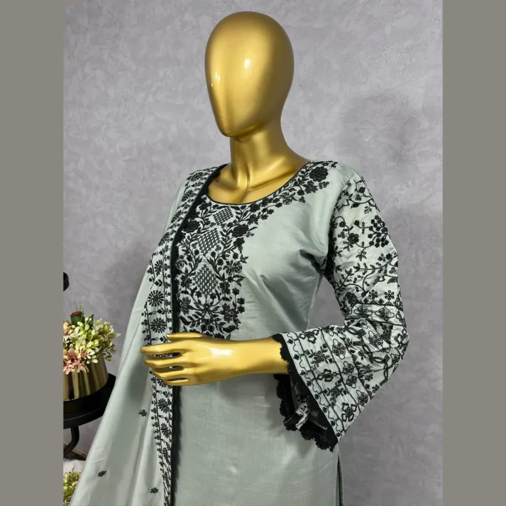 Heavy Embroidery Work Grey Color Top and Palazzo Set with Dupatta