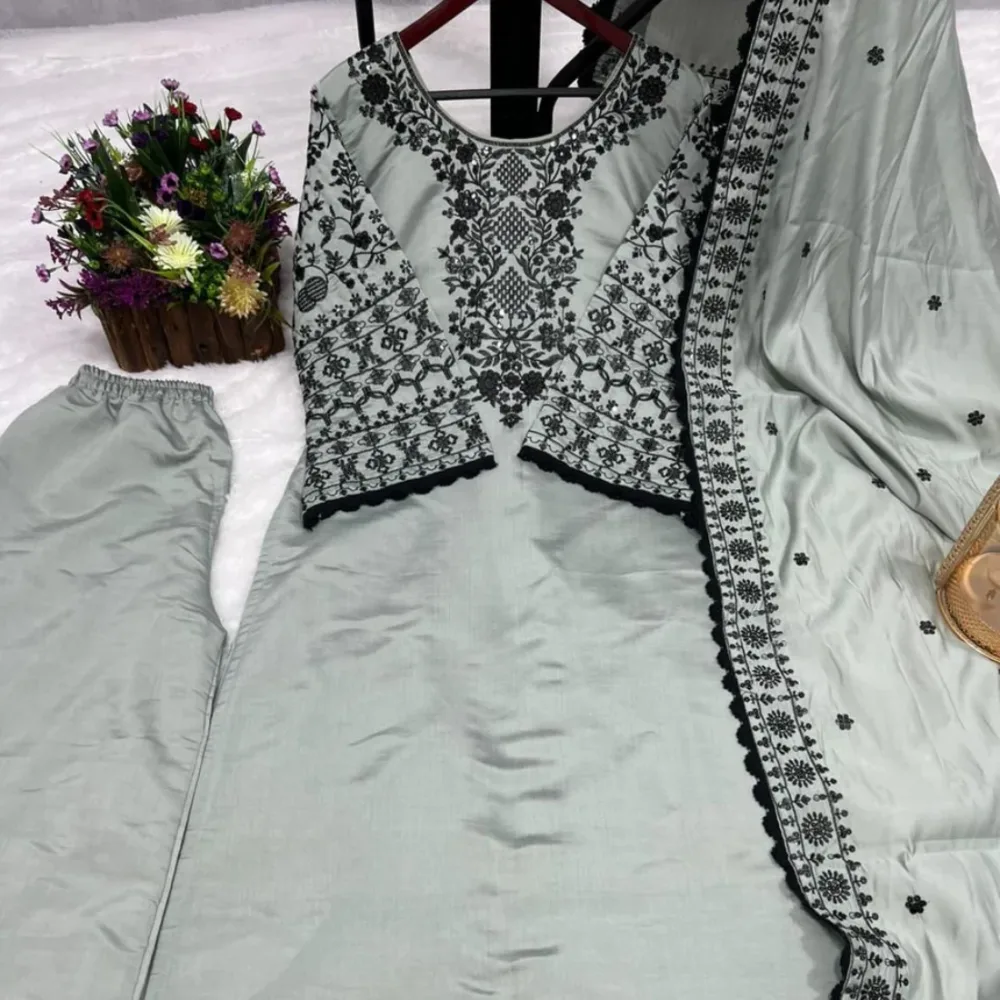 Heavy Embroidery Work Grey Color Top and Palazzo Set with Dupatta