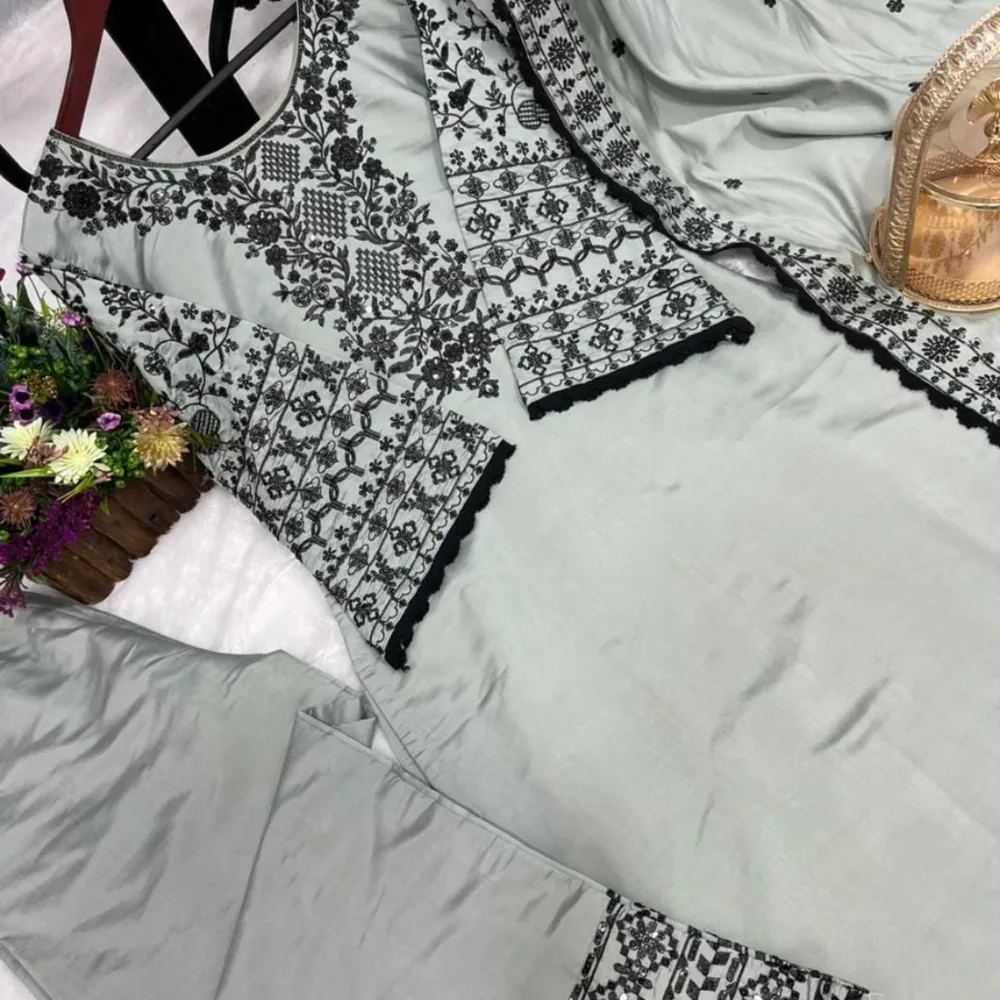 Heavy Embroidery Work Grey Color Top and Palazzo Set with Dupatta