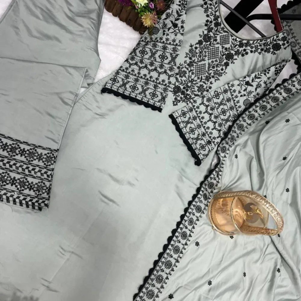Heavy Embroidery Work Grey Color Top and Palazzo Set with Dupatta