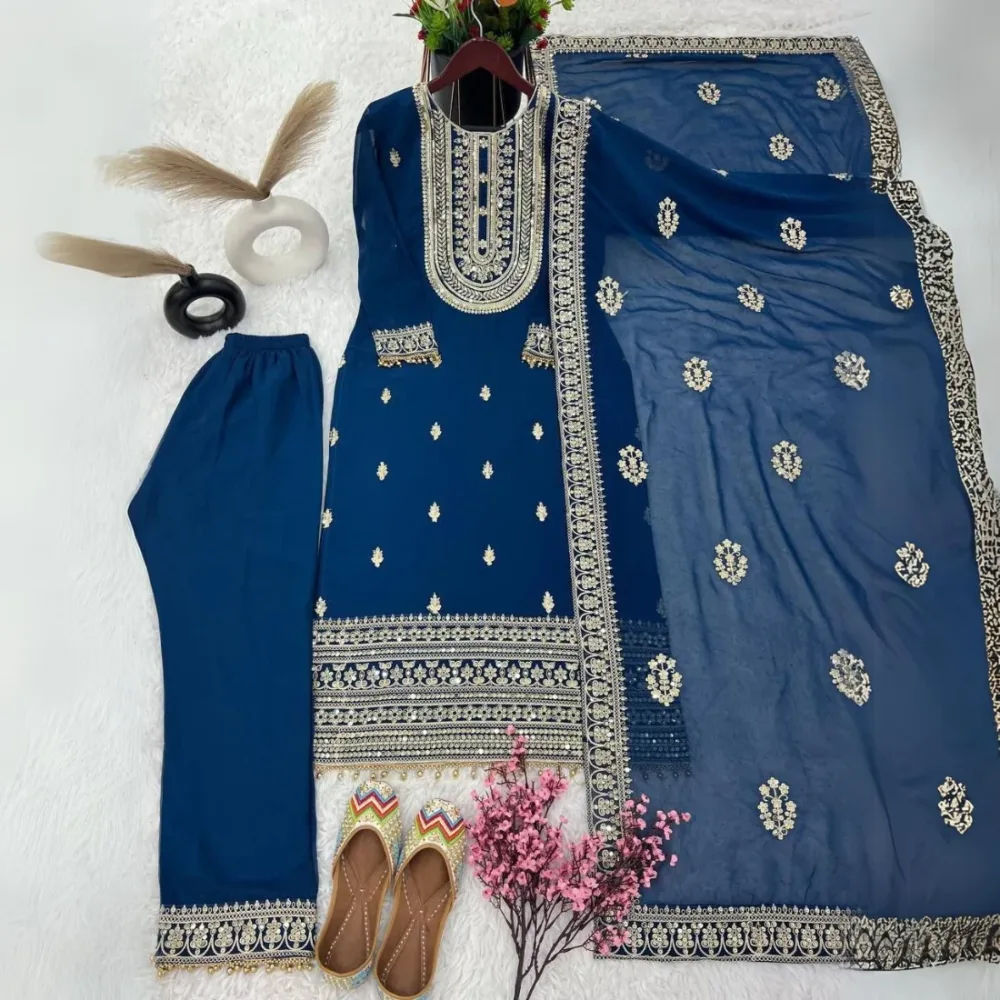 Faux Georgette with Heavy Embroidery Coding Dori-Sequence Work Navy Blue Color Top Plazzo and Dupatta Set