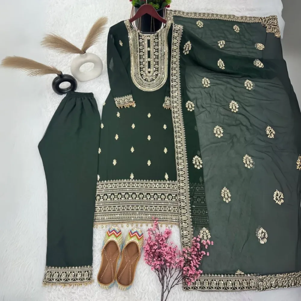 Faux Georgette with Heavy Embroidery Coding Dori-Sequence Work Bottle Green Color Top Plazzo and Dupatta Set