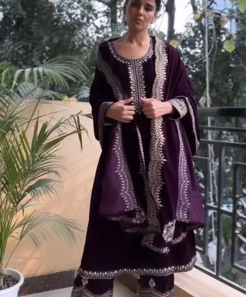 Designer Purple Color Viscose Velvet Salwar Suit and Dupatta
