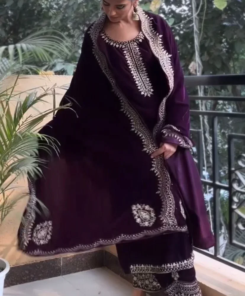 Designer Purple Color Viscose Velvet Salwar Suit and Dupatta