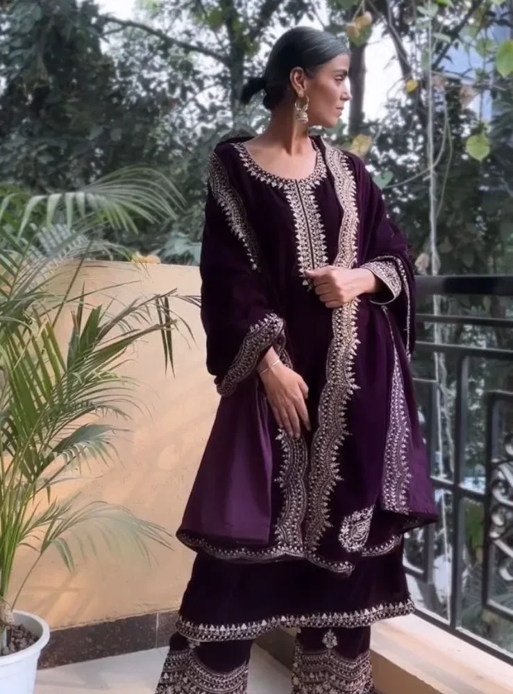 Designer Purple Color Viscose Velvet Salwar Suit and Dupatta