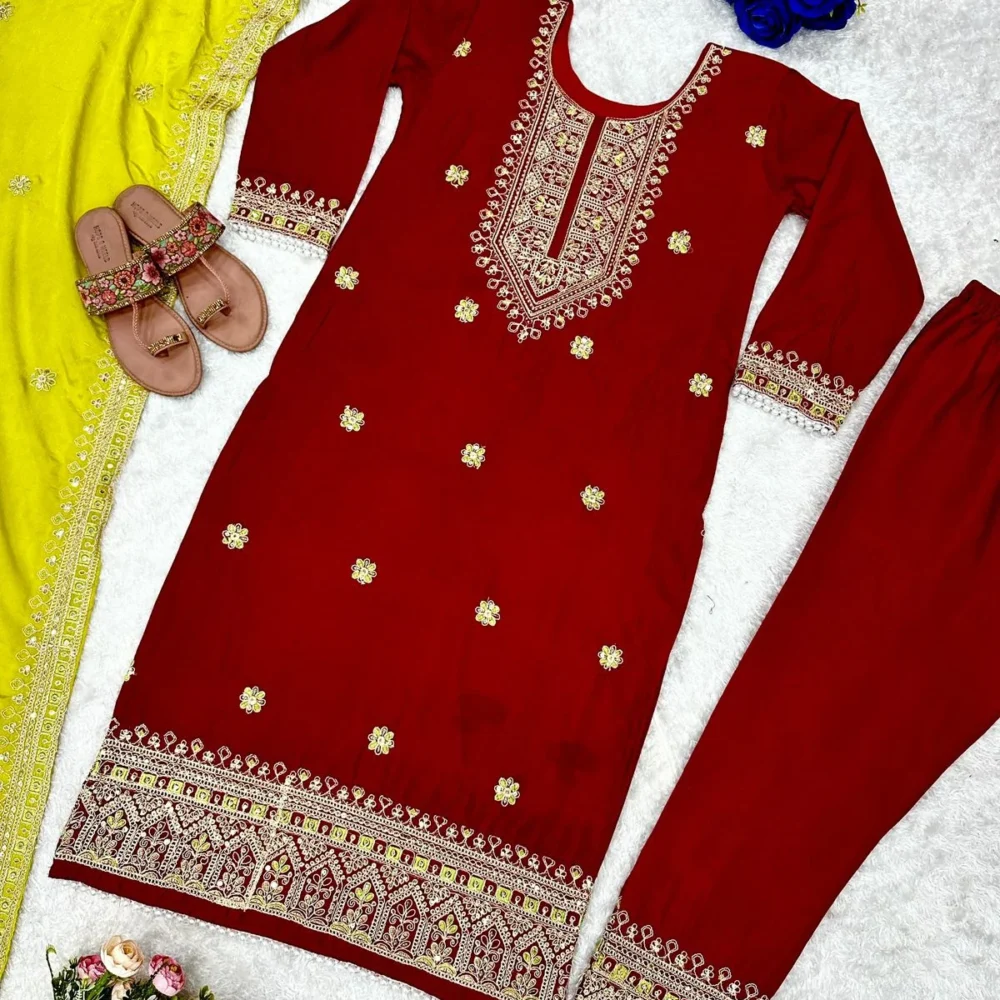 Designer Party Wear Red Salwar Suit and Dupatta Set