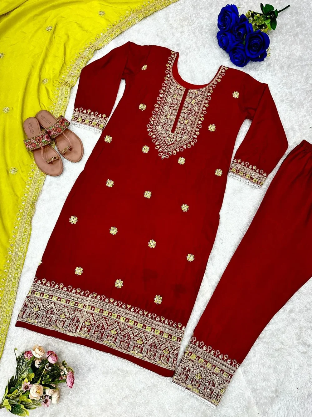 Designer Party Wear Red Salwar Suit and Dupatta Set