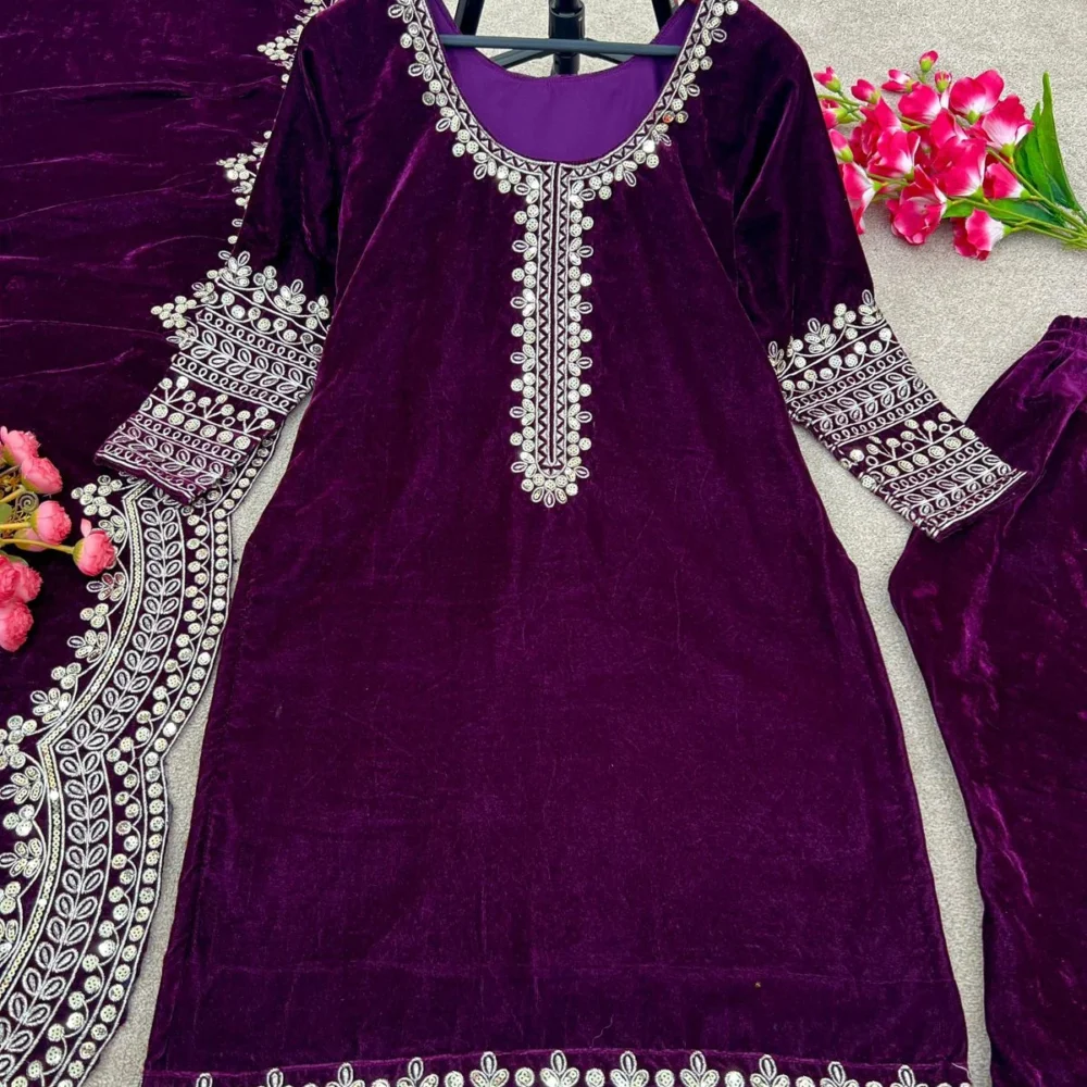 Designer Purple Color Viscose Velvet Salwar Suit and Dupatta