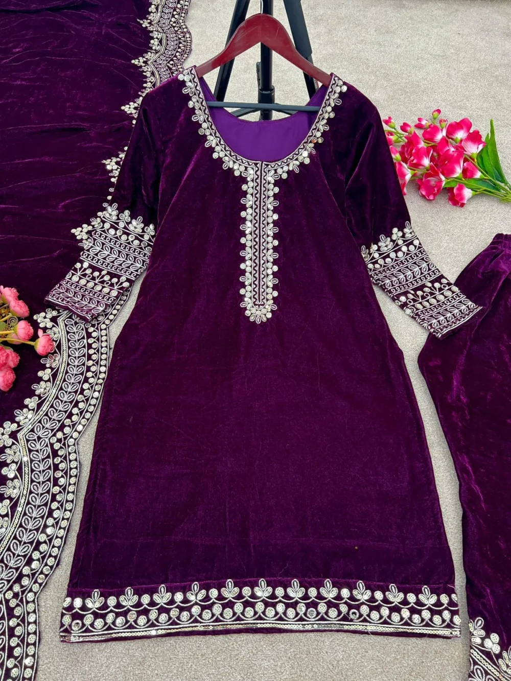 Designer Purple Color Viscose Velvet Salwar Suit and Dupatta