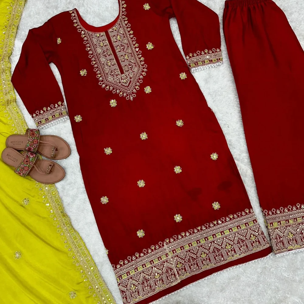 Designer Party Wear Red Salwar Suit and Dupatta Set