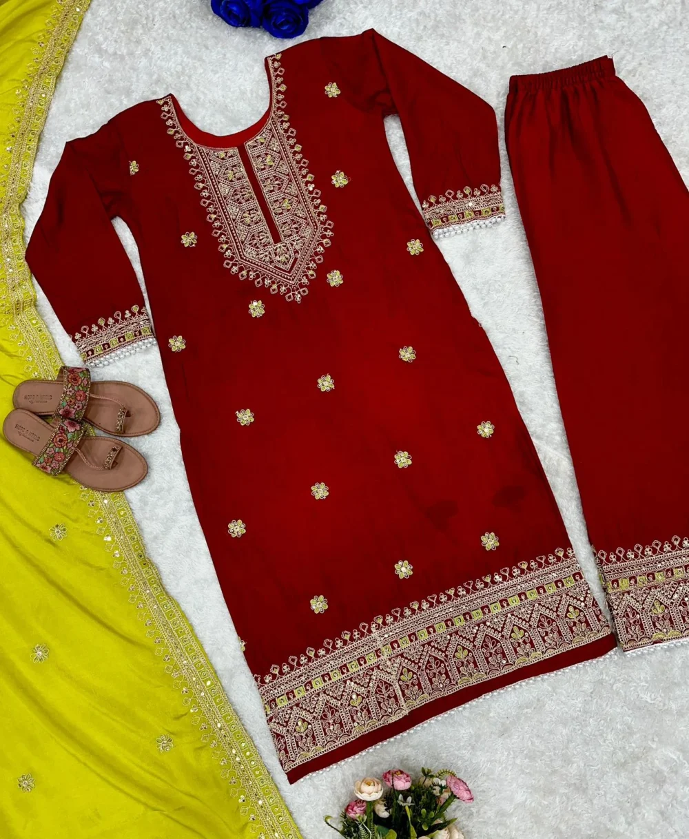Designer Party Wear Red Salwar Suit and Dupatta Set
