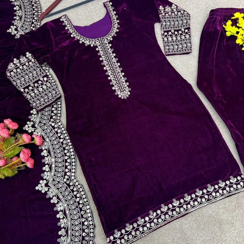 Designer Purple Color Viscose Velvet Salwar Suit and Dupatta