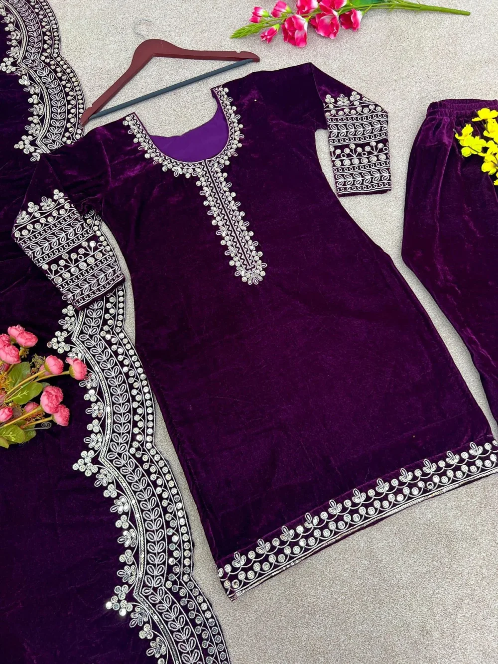 Designer Purple Color Viscose Velvet Salwar Suit and Dupatta