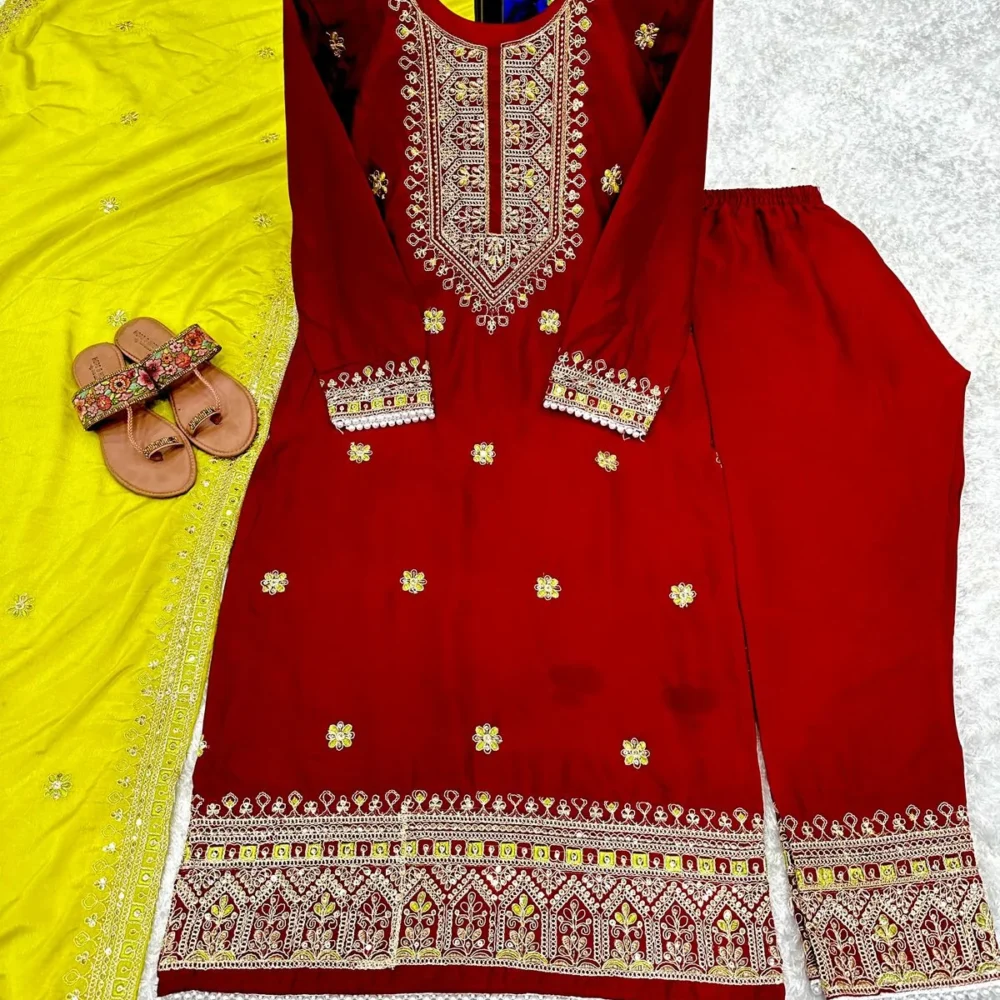 Designer Party Wear Red Salwar Suit and Dupatta Set