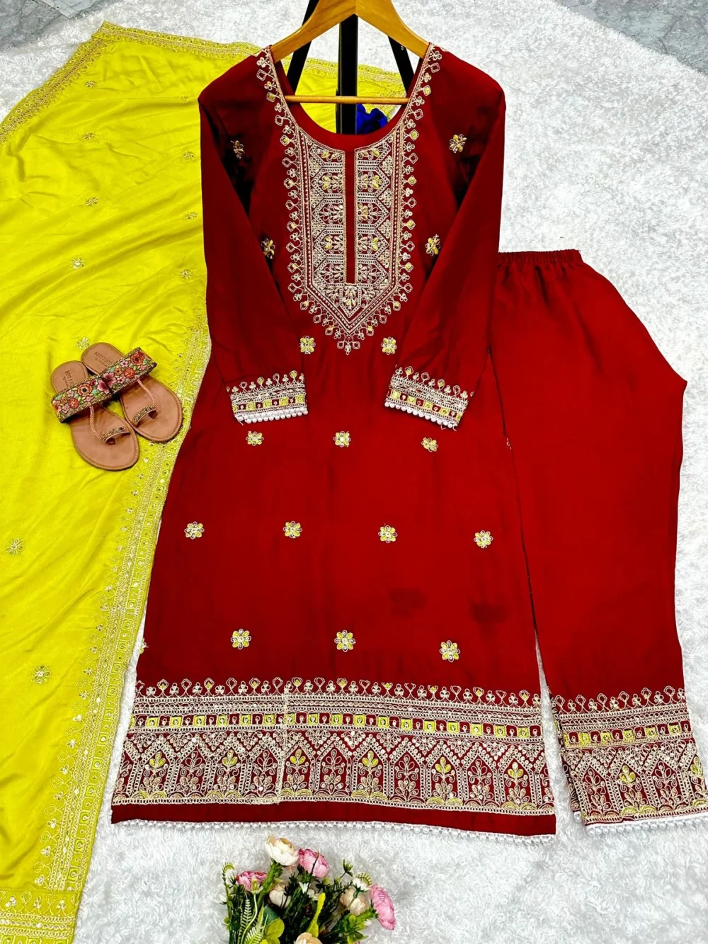 Designer Party Wear Red Salwar Suit and Dupatta Set