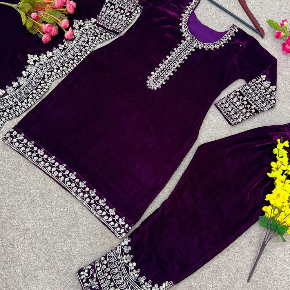 Designer Purple Color Viscose Velvet Salwar Suit and Dupatta