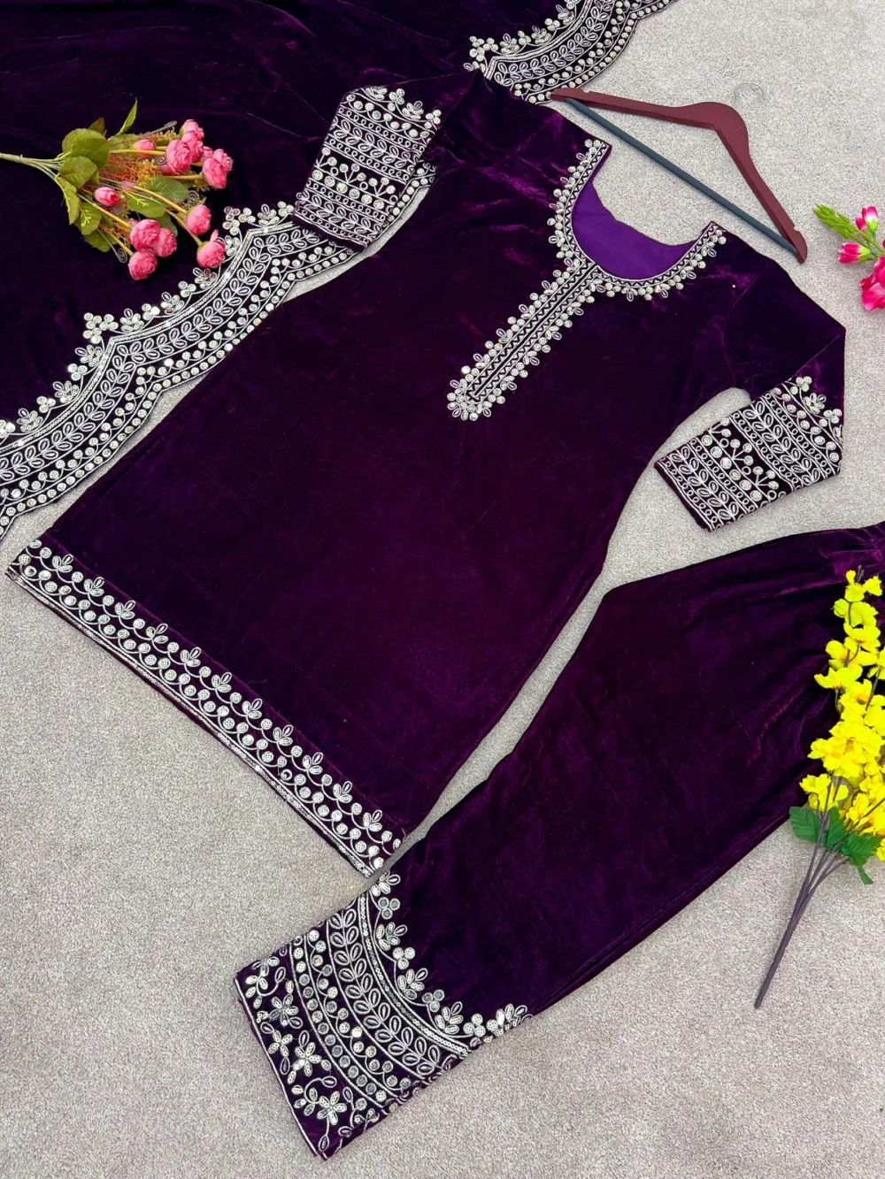 Designer Purple Color Viscose Velvet Salwar Suit and Dupatta
