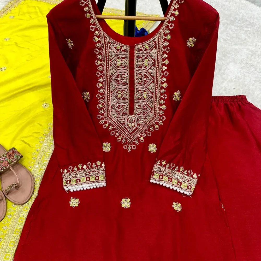 Designer Party Wear Red Salwar Suit and Dupatta Set