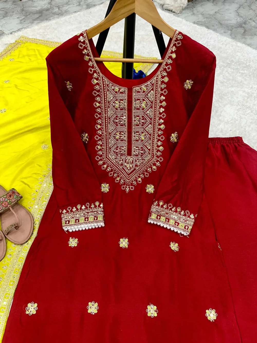 Designer Party Wear Red Salwar Suit and Dupatta Set