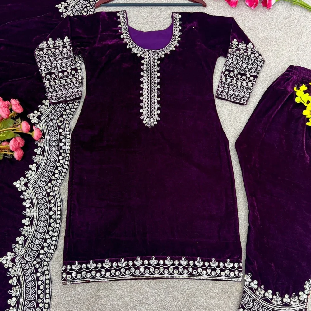 Designer Purple Color Viscose Velvet Salwar Suit and Dupatta