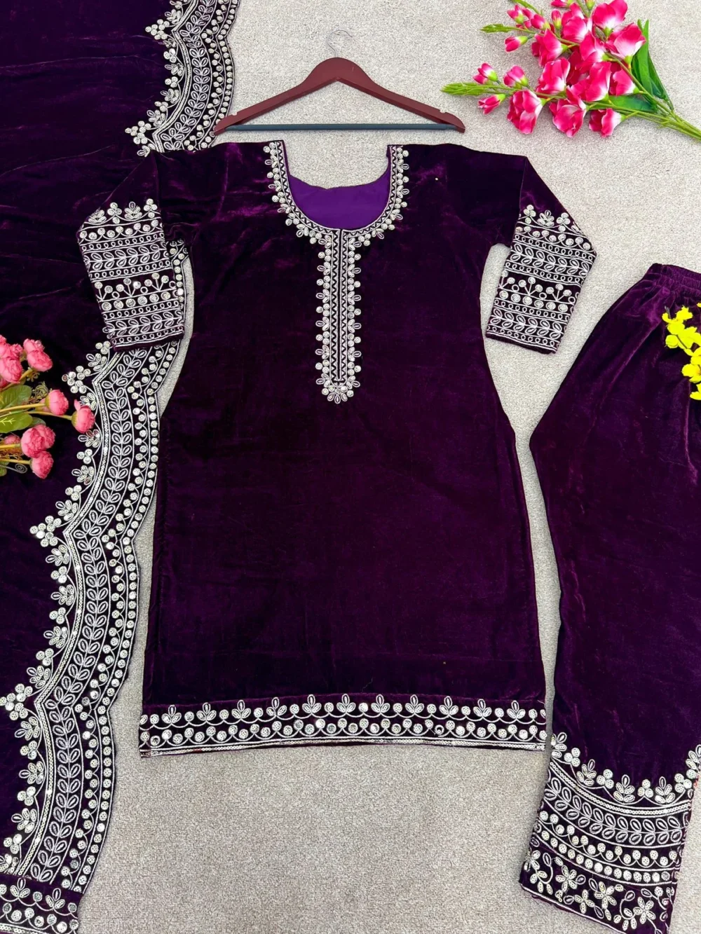 Designer Purple Color Viscose Velvet Salwar Suit and Dupatta