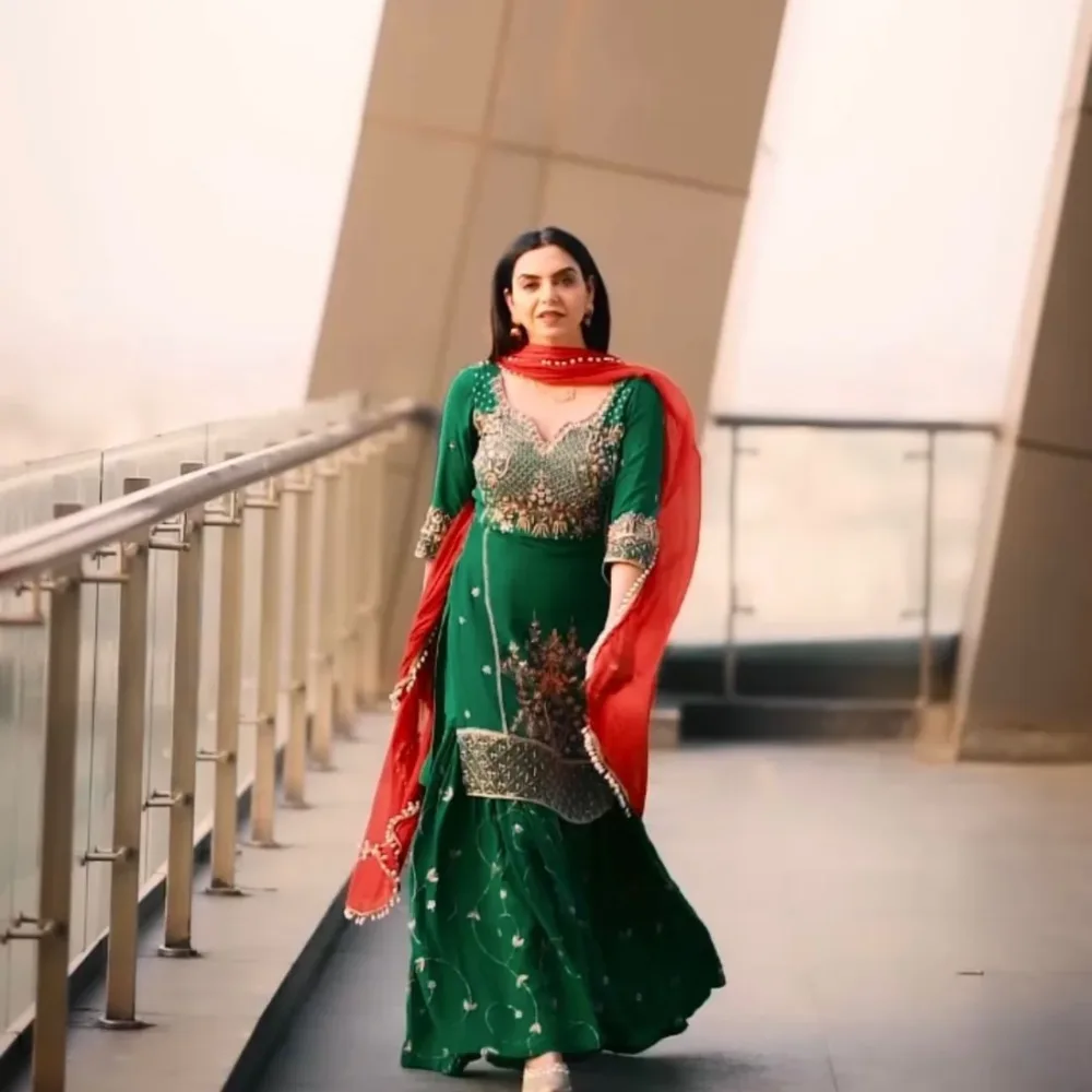Faux Georgette Bottle Green Color Three-Piece Sharara Set with Dupatta By Ardhaangini