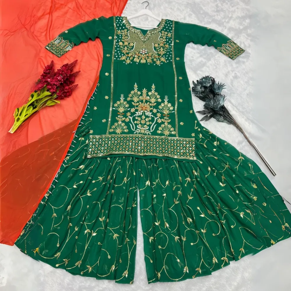 Faux Georgette Bottle Green Color Three-Piece Sharara Set with Dupatta By Ardhaangini