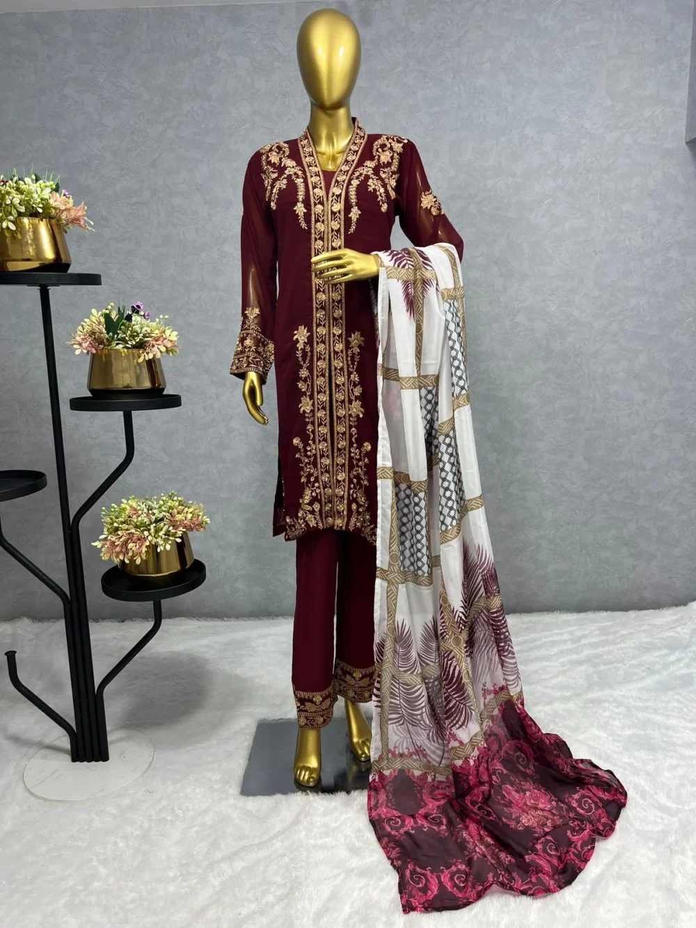 Embroidered Three Piece Maroon Color Kurti Set with Pant and Dupatta