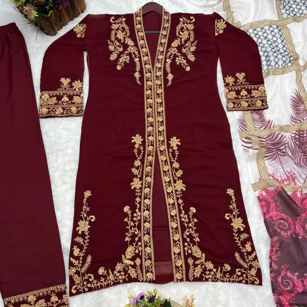 Embroidered Three Piece Maroon Color Kurti Set with Pant and Dupatta