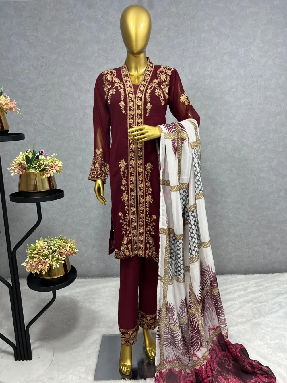 Embroidered Three Piece Maroon Color Kurti Set with Pant and Dupatta