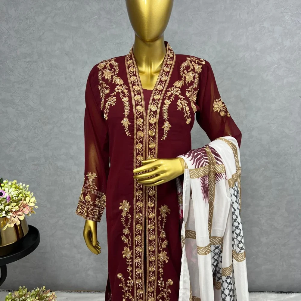 Embroidered Three Piece Maroon Color Kurti Set with Pant and Dupatta