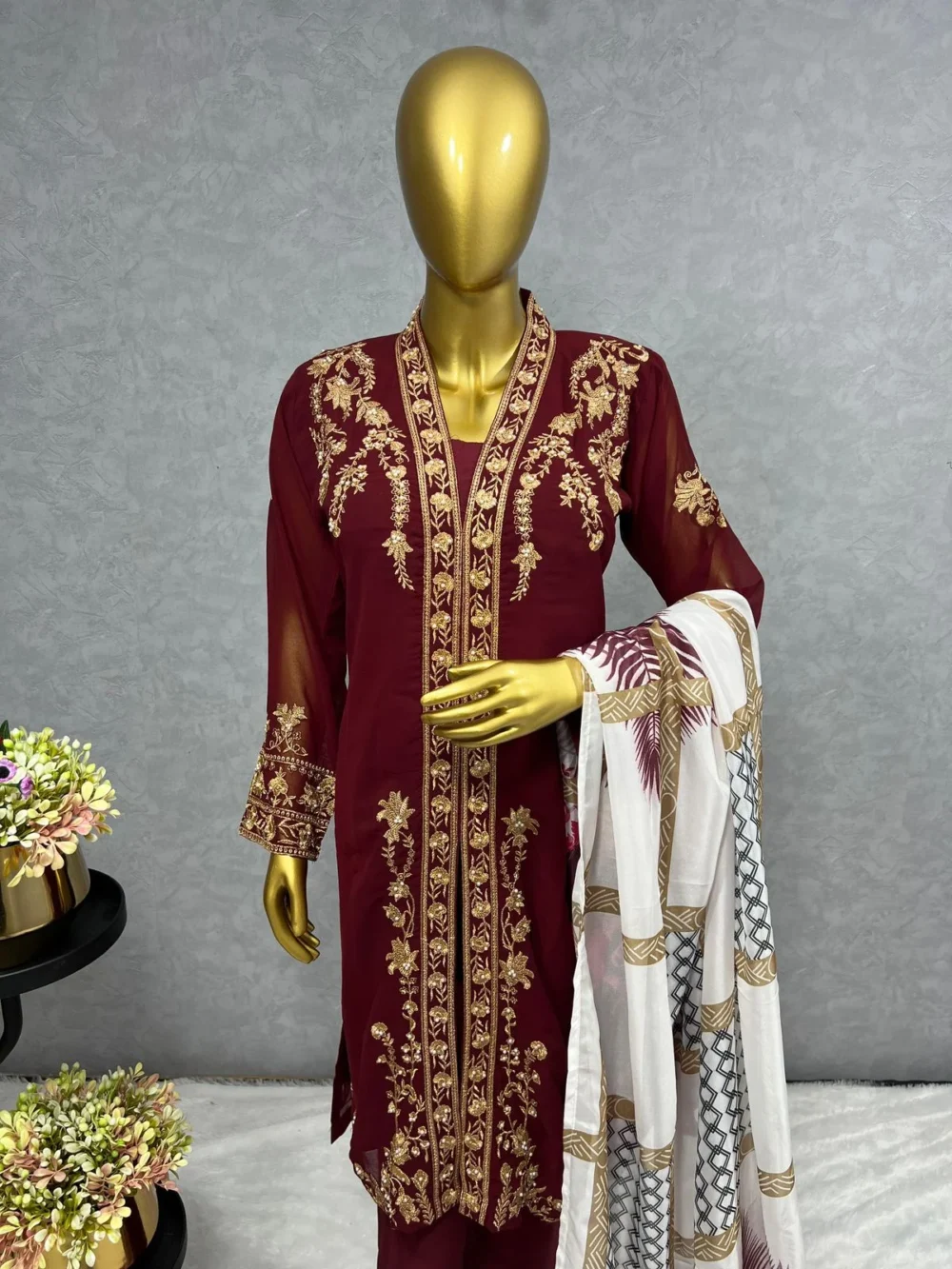 Embroidered Three Piece Maroon Color Kurti Set with Pant and Dupatta