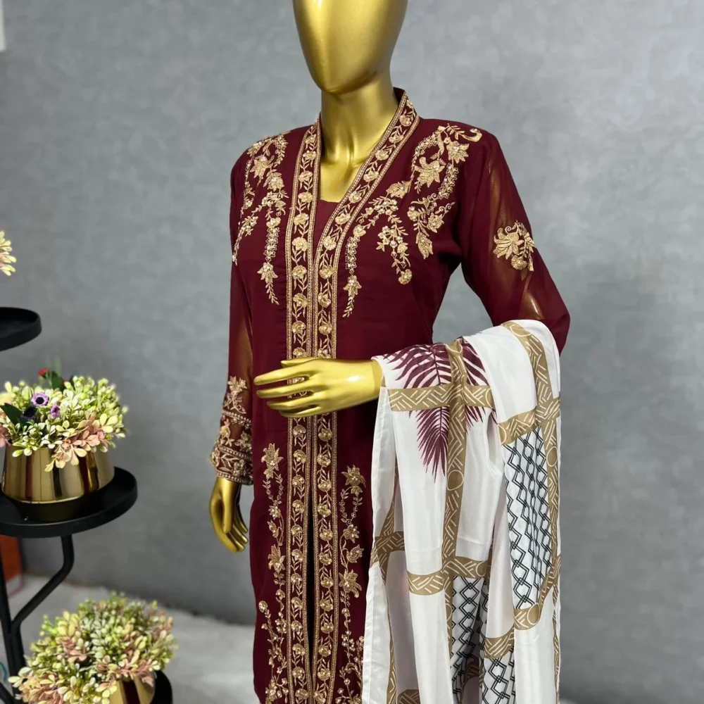 Embroidered Three Piece Maroon Color Kurti Set with Pant and Dupatta