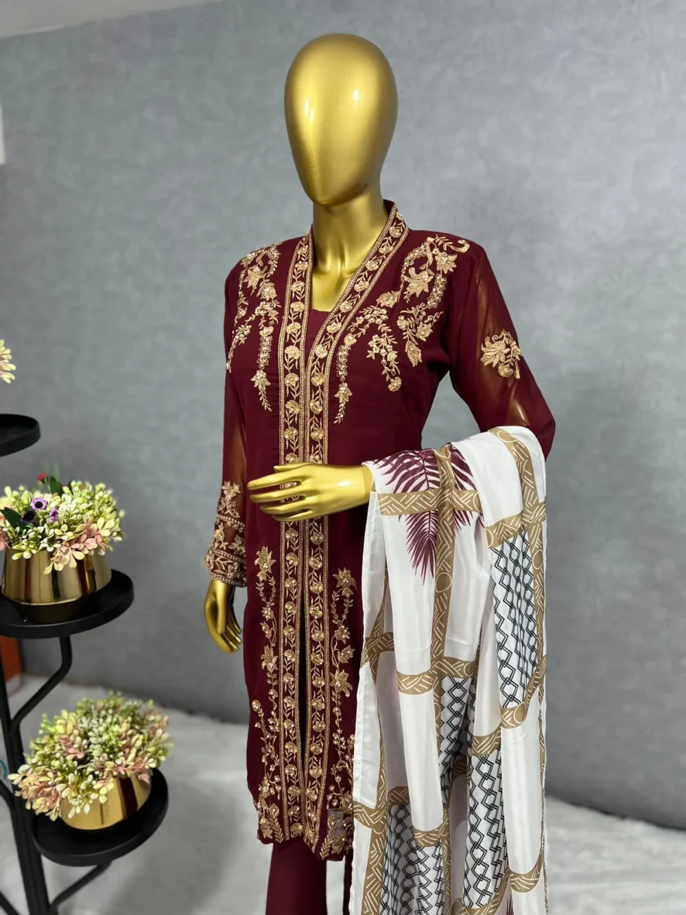 Embroidered Three Piece Maroon Color Kurti Set with Pant and Dupatta