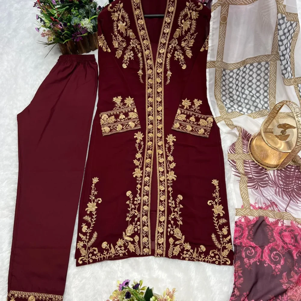 Embroidered Three Piece Maroon Color Kurti Set with Pant and Dupatta