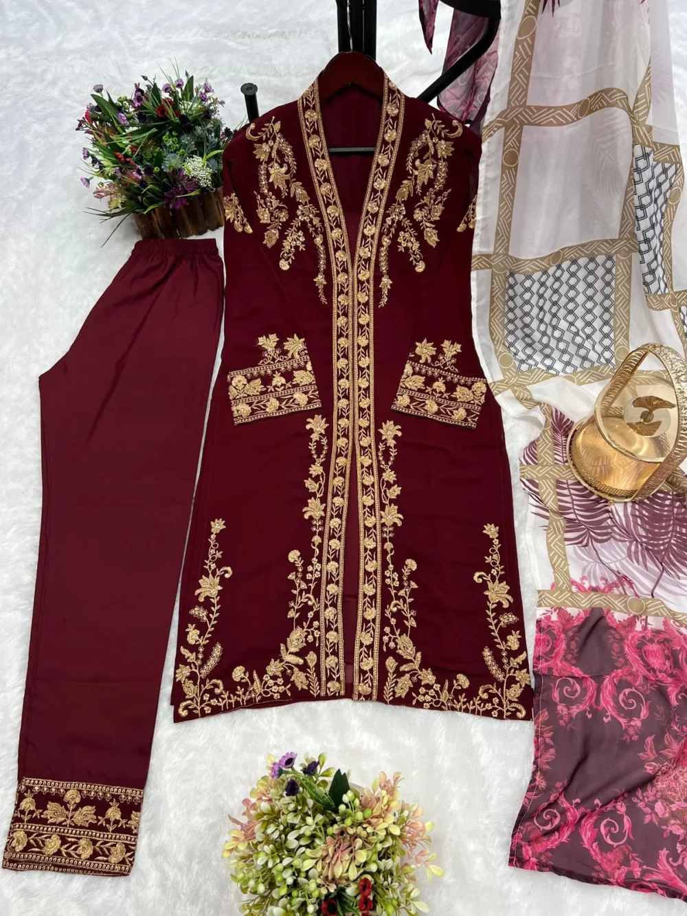 Embroidered Three Piece Maroon Color Kurti Set with Pant and Dupatta