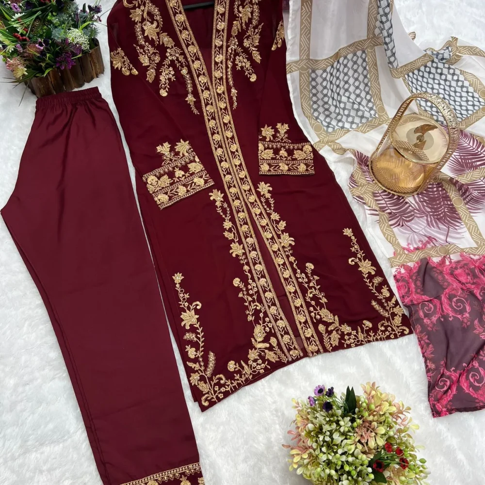 Embroidered Three Piece Maroon Color Kurti Set with Pant and Dupatta