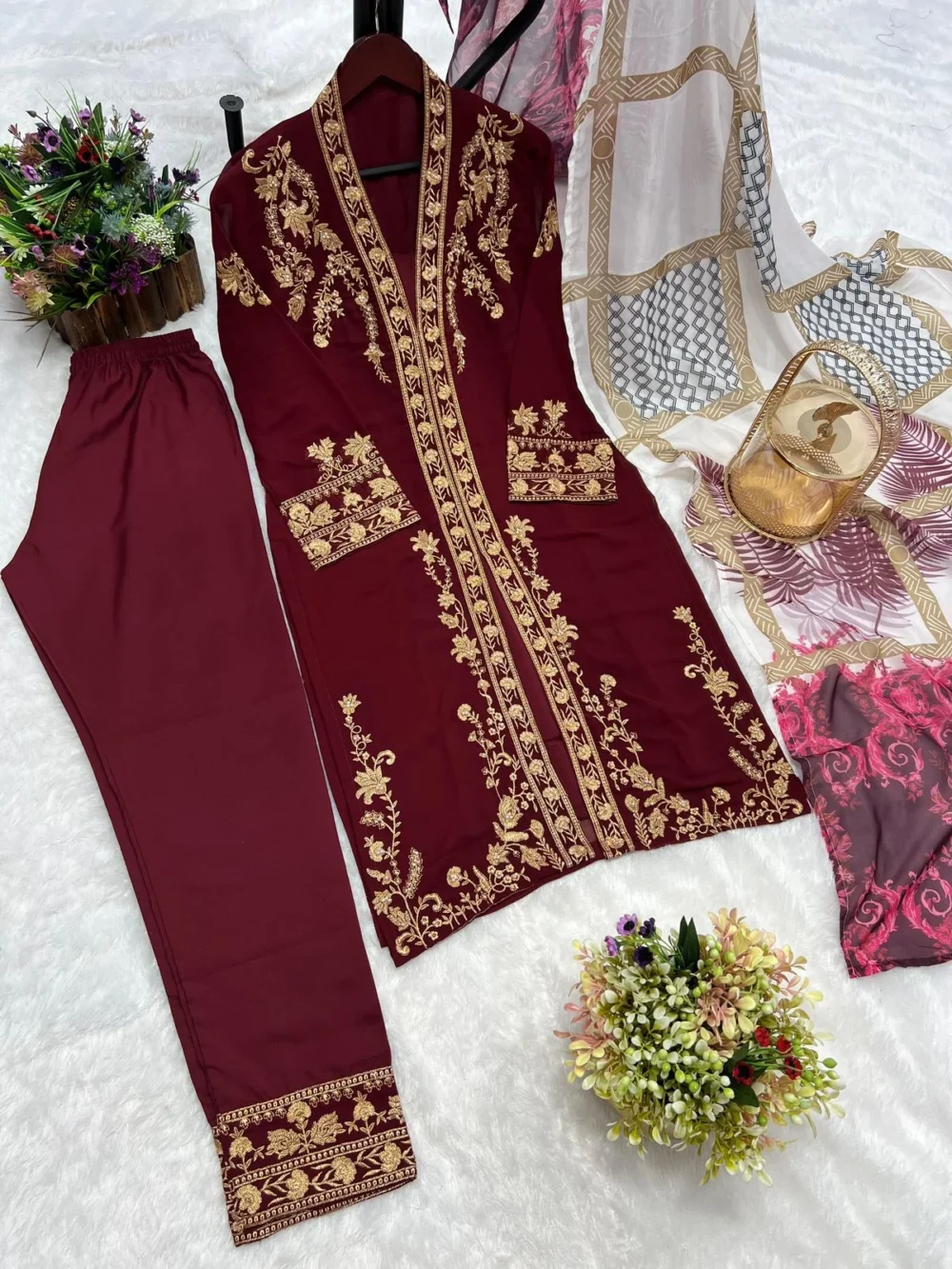Embroidered Three Piece Maroon Color Kurti Set with Pant and Dupatta