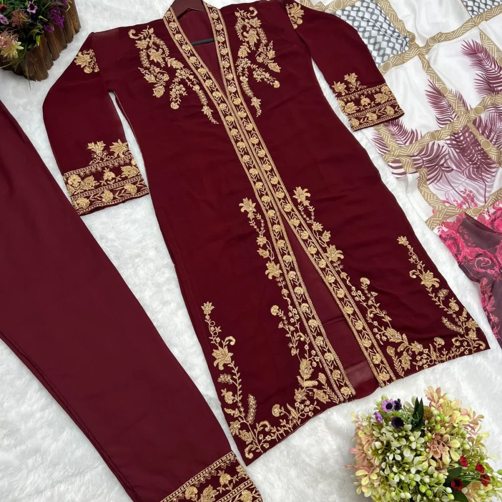 Embroidered Three Piece Maroon Color Kurti Set with Pant and Dupatta