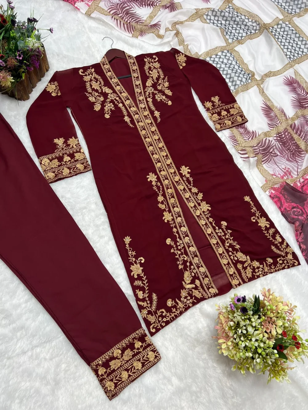 Embroidered Three Piece Maroon Color Kurti Set with Pant and Dupatta