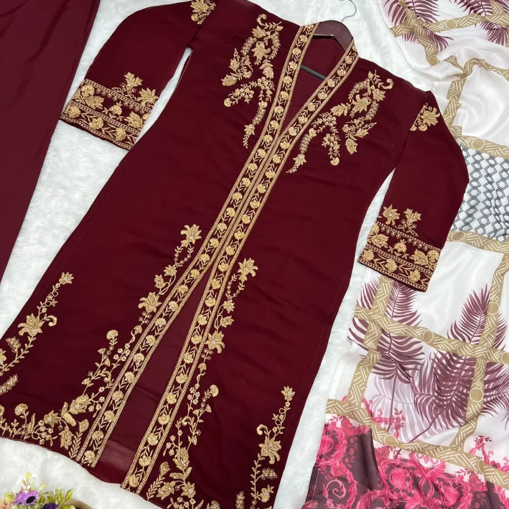 Embroidered Three Piece Maroon Color Kurti Set with Pant and Dupatta