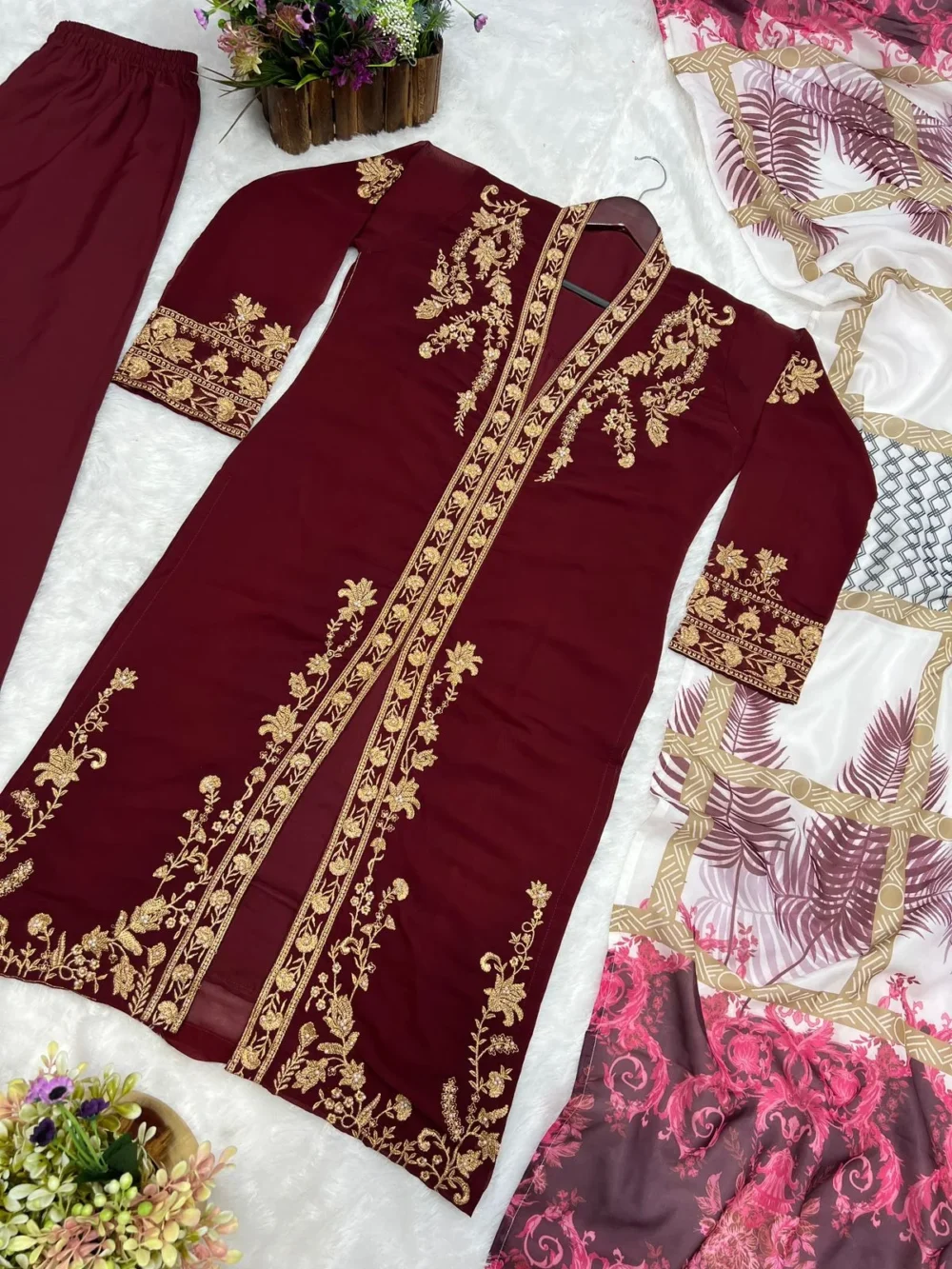 Embroidered Three Piece Maroon Color Kurti Set with Pant and Dupatta