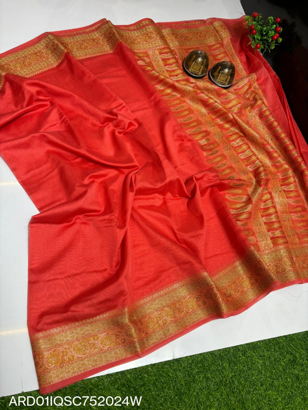 Banarasi Semi Chiffon Saree in Strawberry Red Color