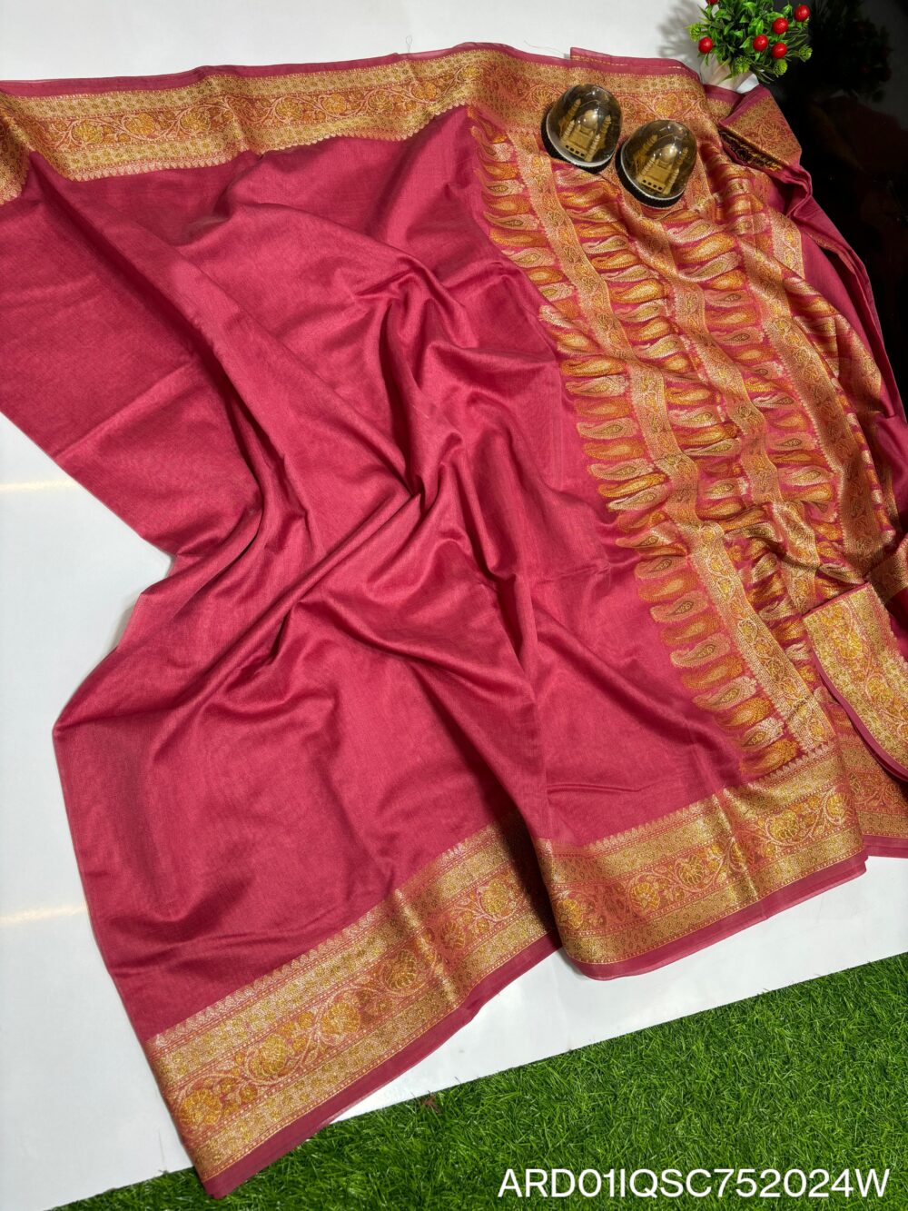 Banarasi Semi Chiffon Saree in Rani Pink Color