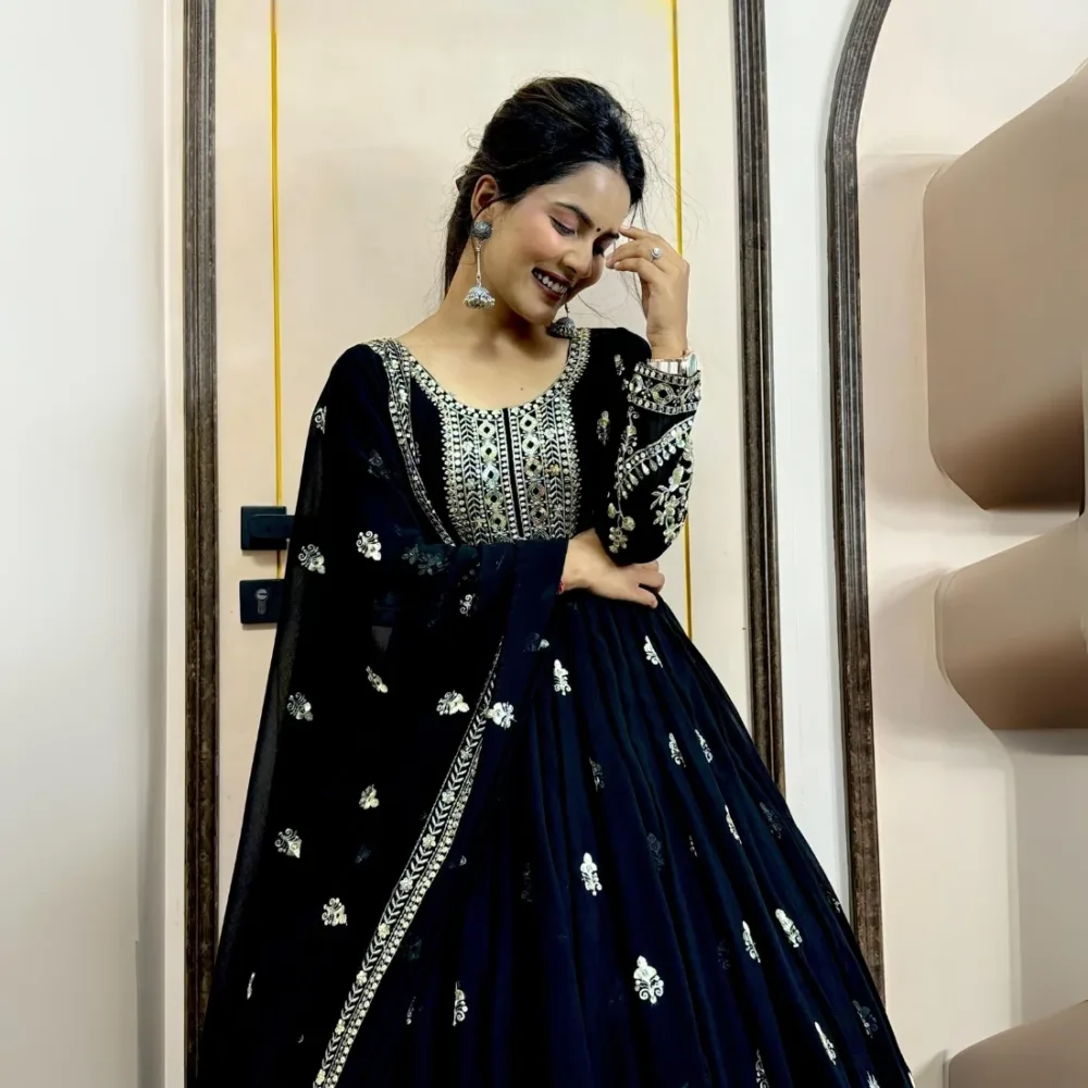 Three-Piece Stylish Gown with Dupatta and Beautiful Bottom