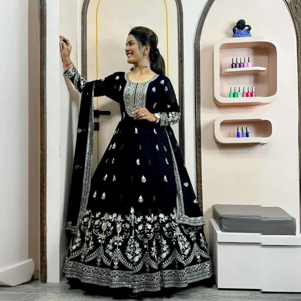 Three-Piece Stylish Gown with Dupatta and Beautiful Bottom