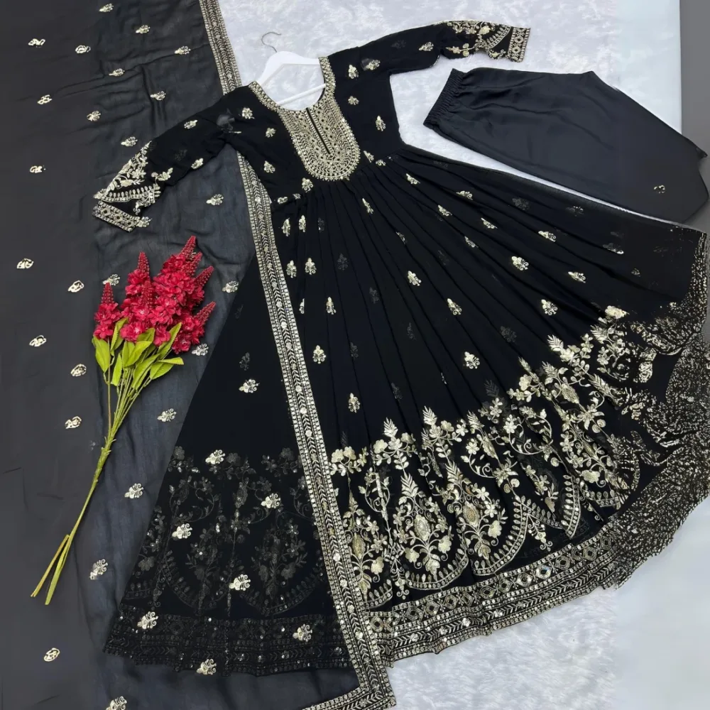 Three-Piece Stylish Gown with Dupatta and Beautiful Bottom