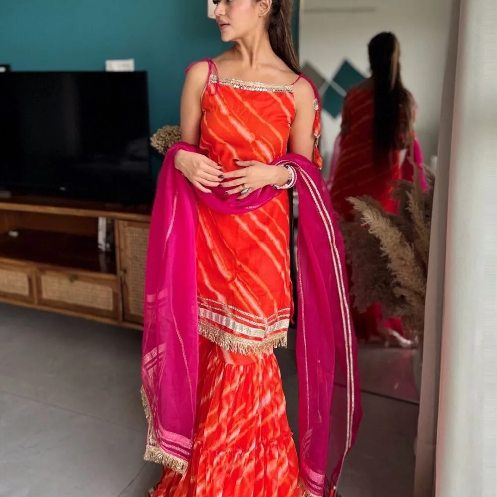 Stylish Faux Georgette Digital Print Orange Color Sharara Set with Organza Dupatta by Ardhaangini