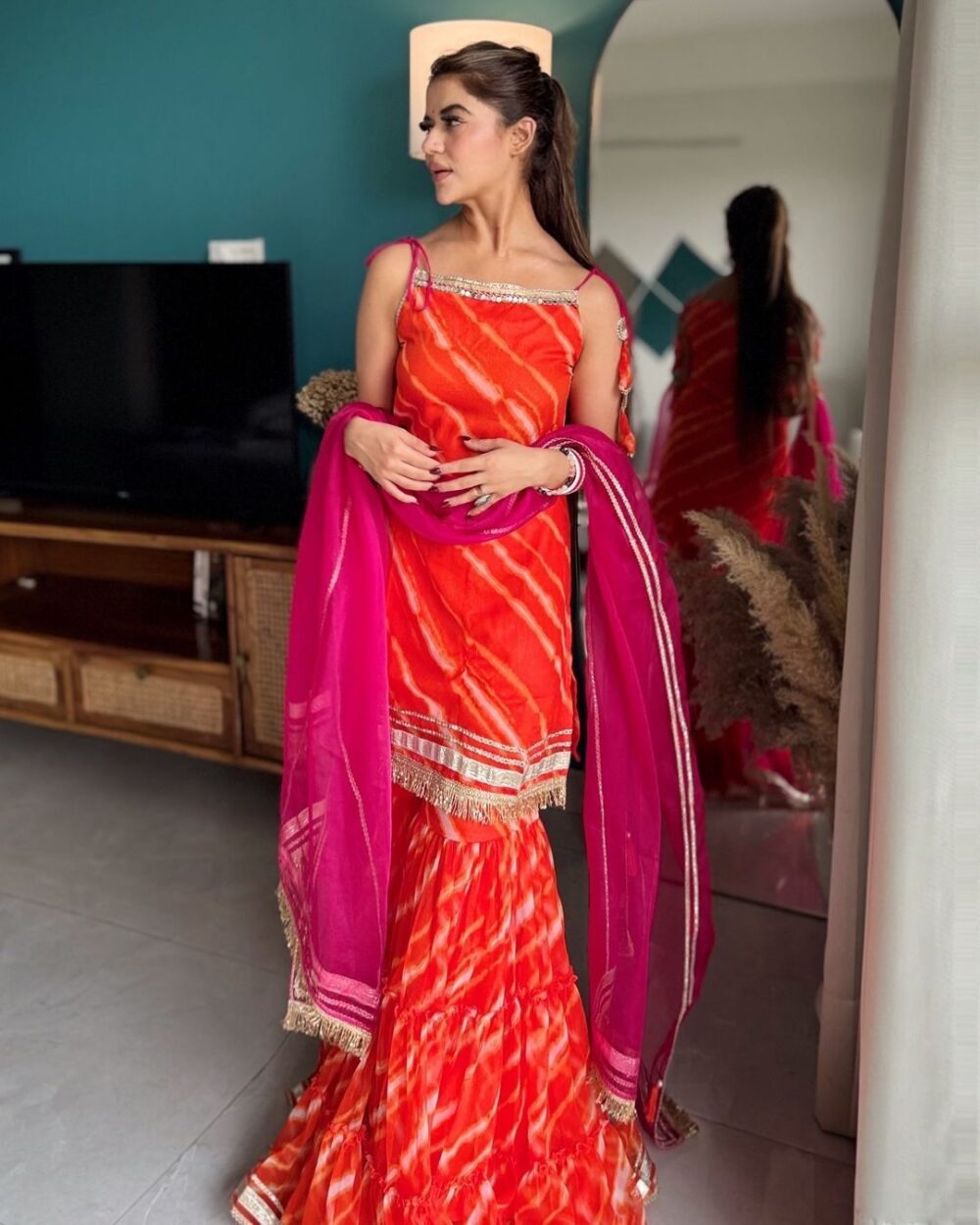 Stylish Faux Georgette Digital Print Orange Color Sharara Set with Organza Dupatta by Ardhaangini
